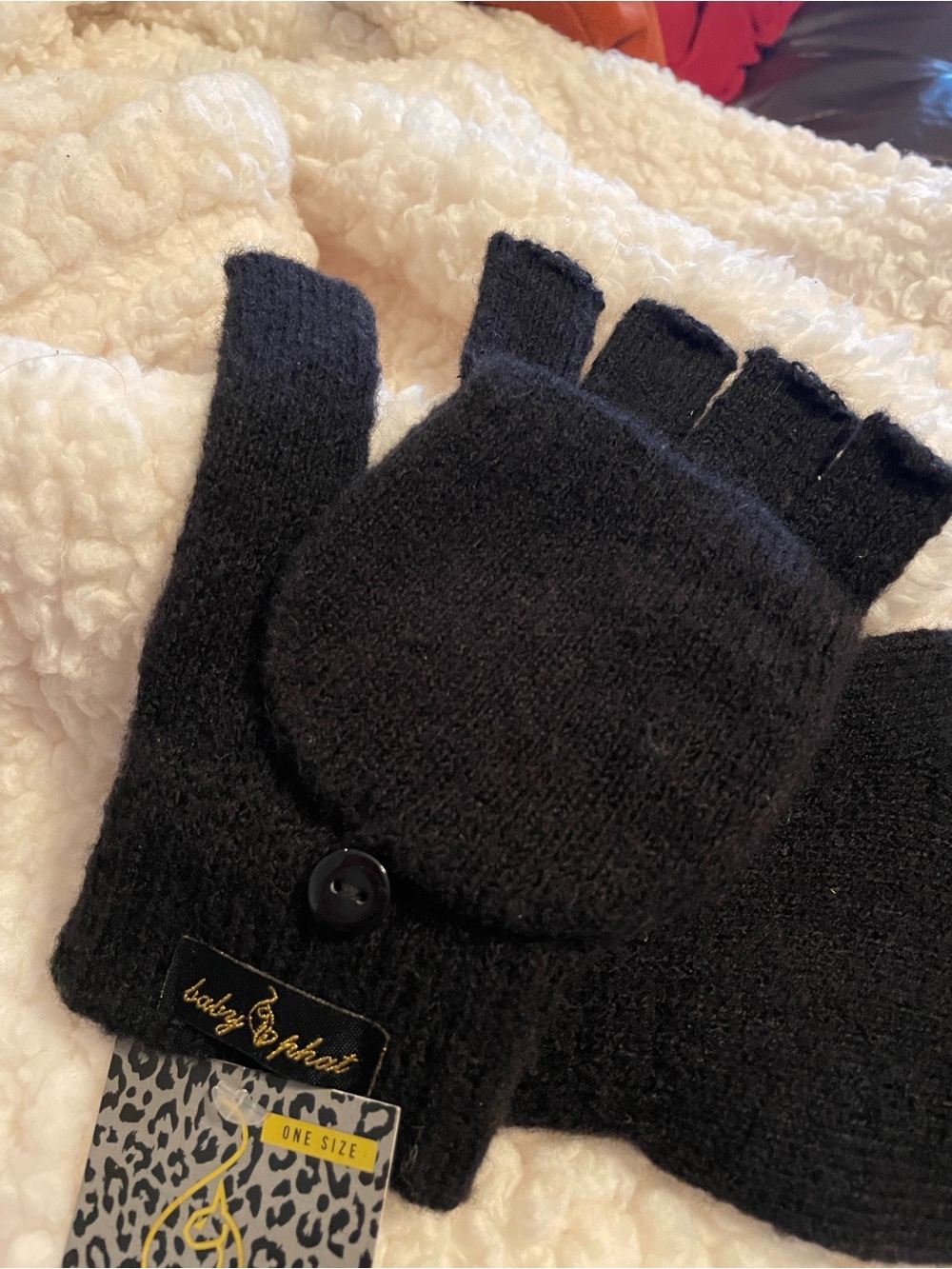 Baby Phat Convertible Fingerless Gloves Black Flip Top Mitten One Size NWT